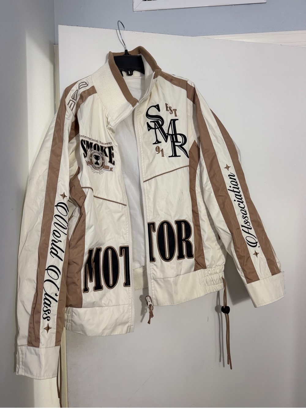 Men's Cream & Tan Motorsport Stripe Bomber Jacket